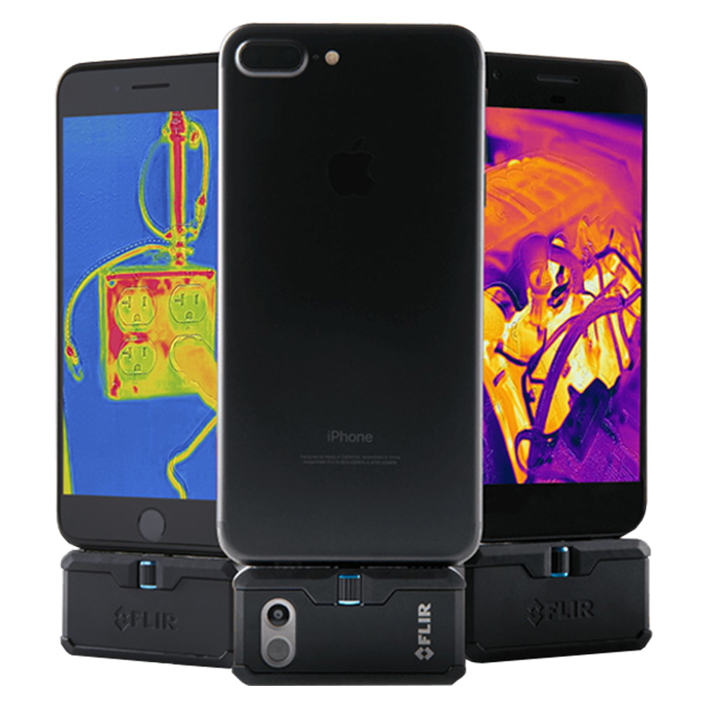 Image of three smartphones with the FLIR One Pro Thermal Module. The one of the left displays a thermal image of a  socket, the one on the right displays a thermal image of an engine, and the one in the middle is turned to show the back of the smartphone and FLIR One Pro module allowing you to see the integrated cameras. 
