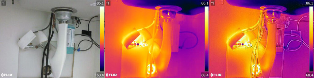 Three images of a sink. The one of the left is a digital image; the middle one is a thermal image; the one on the right is an MSX image. 