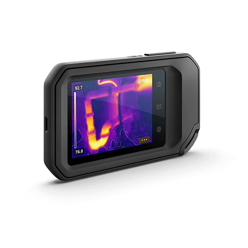 An angled image of the Teledyne FLIR C3-X Thermal Camera. A thermal image is displayed on the touchscreen.  