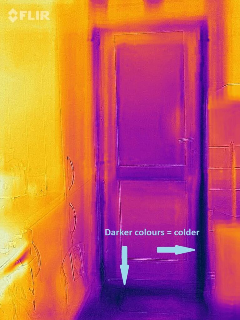 Thermal mage of a door. Arrows point to the bottom and side of the door. Text above the arrows reads "Darker colours = colder". 