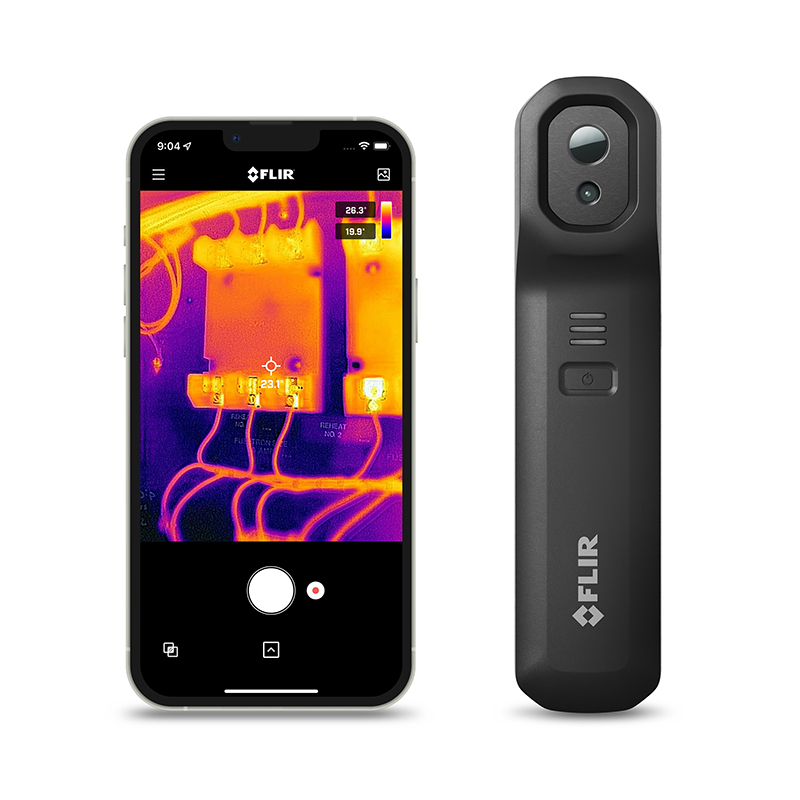 On the left is a smartphone with a thermal image on the screen. To the right of the smartphone is a Teledyne FLIR One Edge Pro Thermal Smartphone Module. 