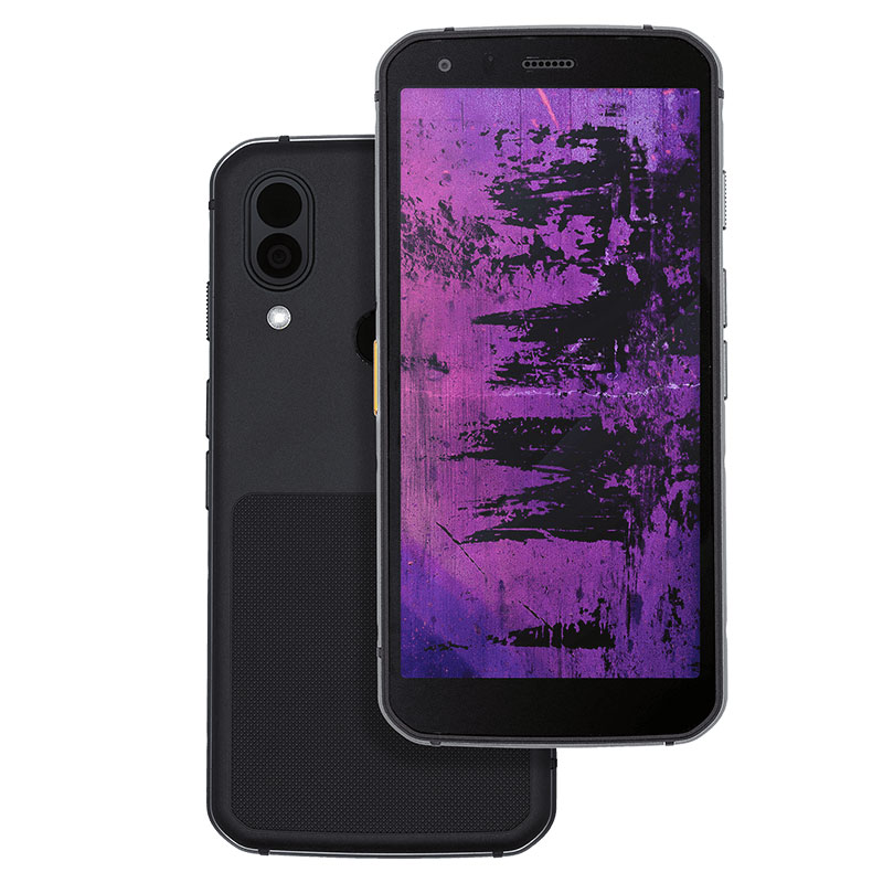 Two images of the CAT S62 Pro Thermal Smartphone: the front one is face-on showing a thermal image on the display; behind it is an image of the back of the CAT S62 Pro with the camera lenses facing the viewer.
