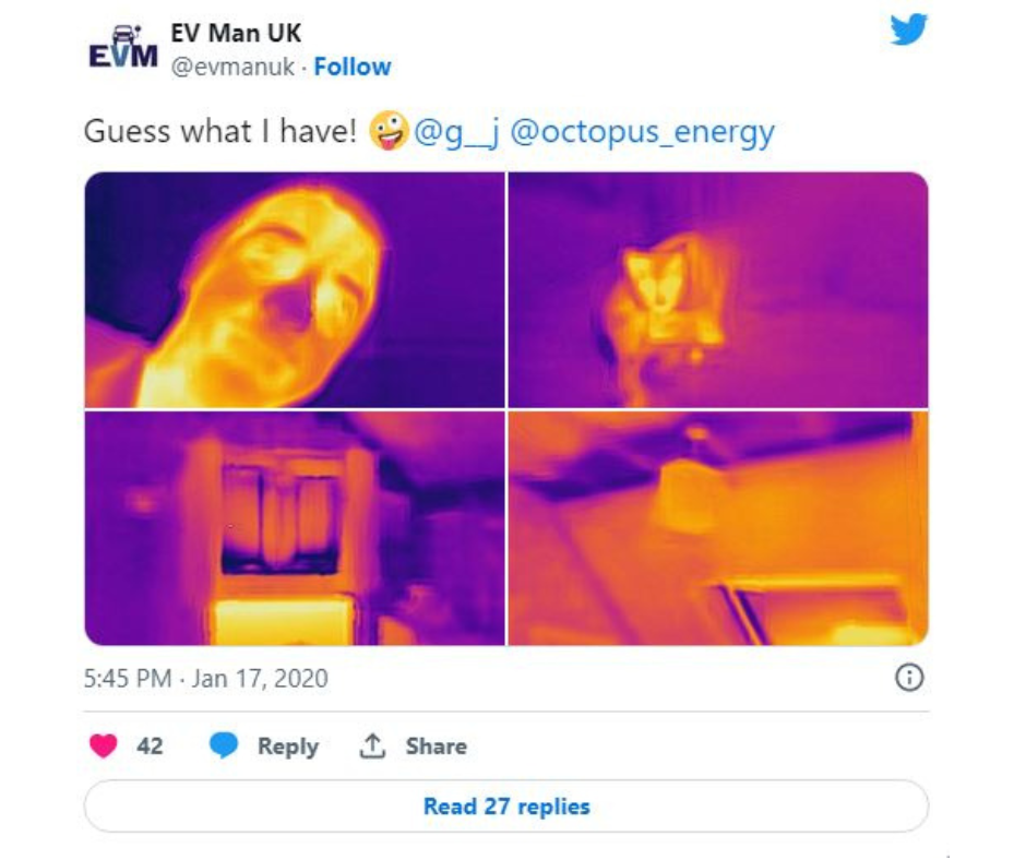 Tweet from EV Man UK reading "Guess what I have @g__j @octopus_energy" Attached are four thermal images of a man, a cat, a window, and a skylight. 
