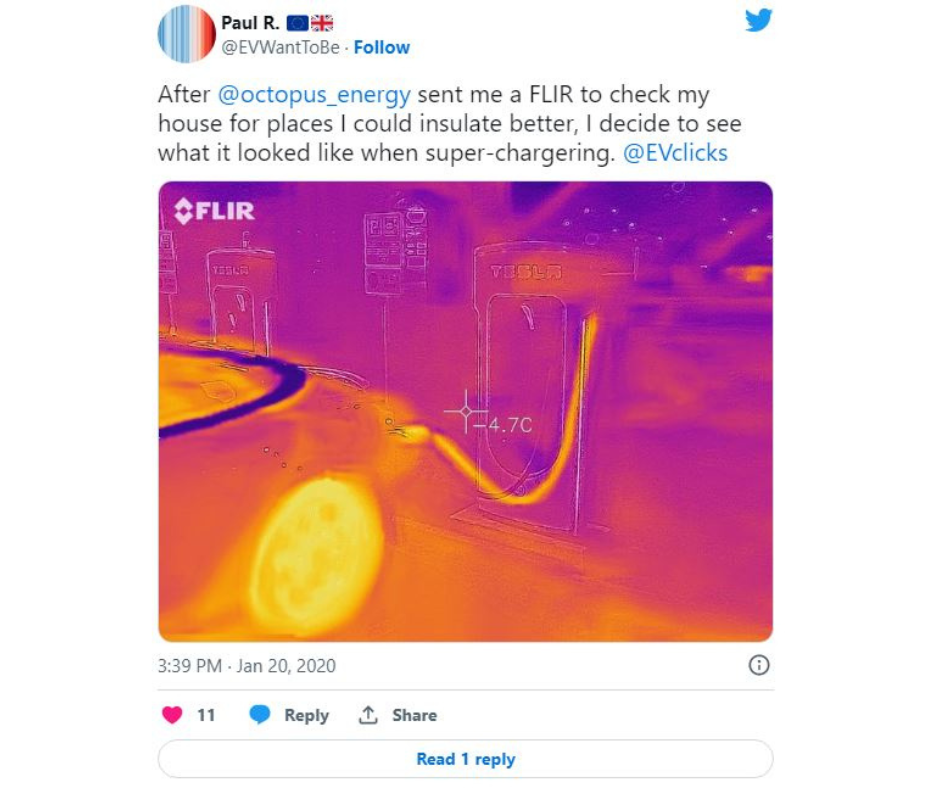 Tweet by Paul R reading "After @octopus_energy sent me a FLIR to check my house for places I could insulate better, I decided to see what it looked like when super-charging. @EVclicks". Attached is a thermal image of an electric car charging. 