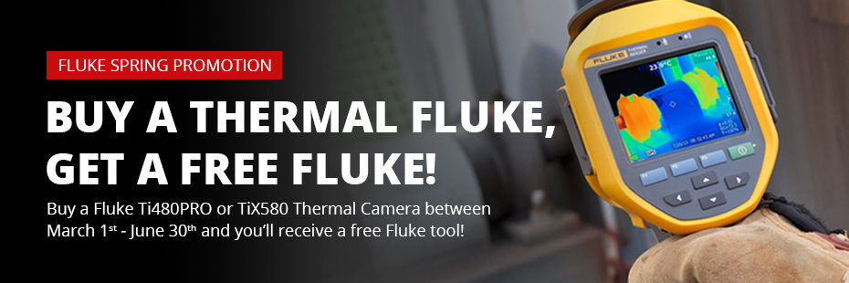 On the right a hand wearing a white, protective glove is holding the Fluke Ti480Pro Thermal Camera. On the left is a small red rectangle containing white text that reads "Fluke Spring Promotion". Beneath this large, white text on a black background reads "Buy a Thermal Fluke, Get a Free Fluke!" Underneath the large white text, small white text reads "Buy a Fluke Ti480PRO or TiX580 Thermal Camera between March 1st and June 30th 2023 and you’ll receive a free Fluke tool!"