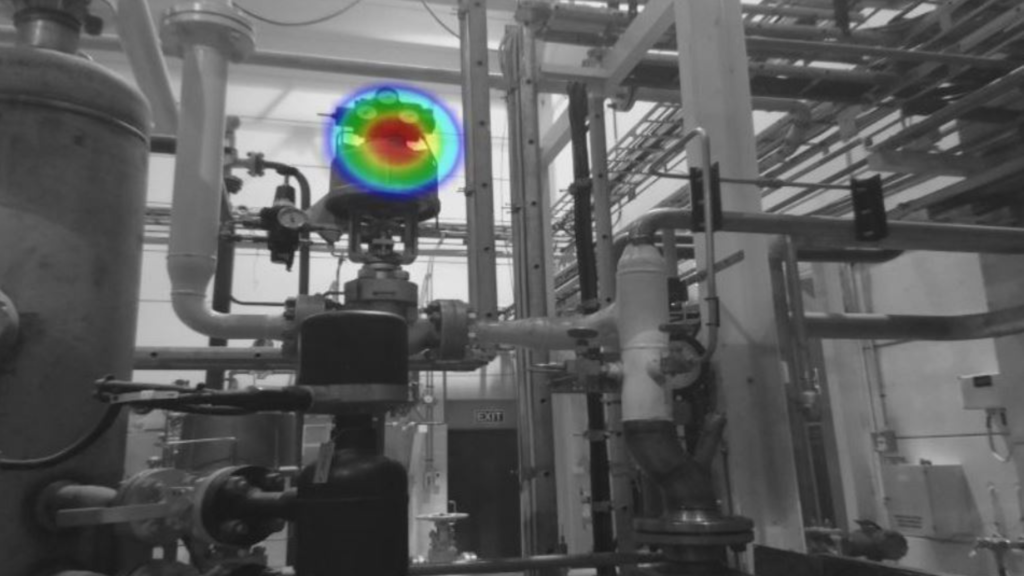 Acoustic image showing a leak in an industrial plant. 