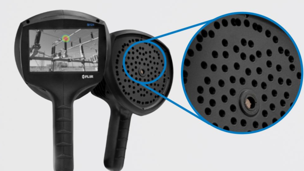 On the left are images of the front and back of the Teledyne FLIR Si124 Acoustic Camera. On the right is a zoomed in image of the microphones on the front of the Teledyne FLIR Si124, showing that they are grouped closely together. 