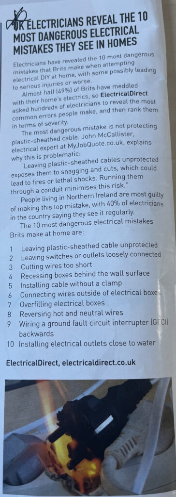 A photo of the article titled 'UK Electricians Reveal The 10 Most Dangerous Electrical Mistakes They See In Homes' in ECN magazine. 