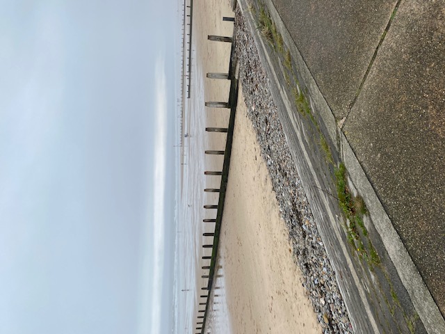 A phot of a sandy beach. Rows of wooden flood defences run down the beach to the sea. The tide is out and in the distance a few people can be seen walking their dogs. The sky is a block of grey cloud. 