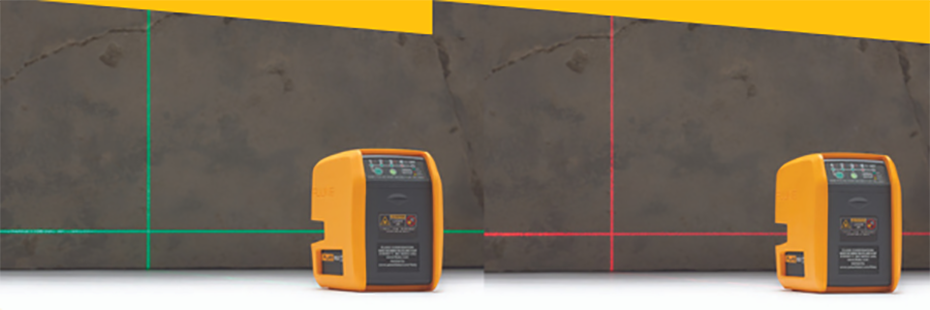 On the left a Fluke laser level projects green vertical and horizontal lines that intersect at the bottom onto a grey slate. On the right a Fluke laser level projects red vertical and horizontal lines that intersect at the bottom onto a grey slate.