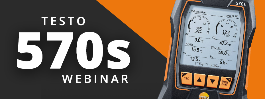 On the right is a close up of the Testo 570s. It sits on an orange background. On the left, large white text on a black background reads "Testo 570s Webinar"