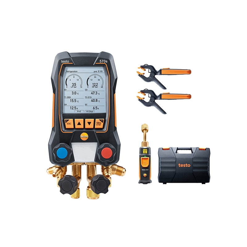 Testo 570s Digital Manifold on the left. 2x Testo 115i Clamp Temperature Probes in the top right, beneath these are Testo's 552i Vacuum Probe and Case. 