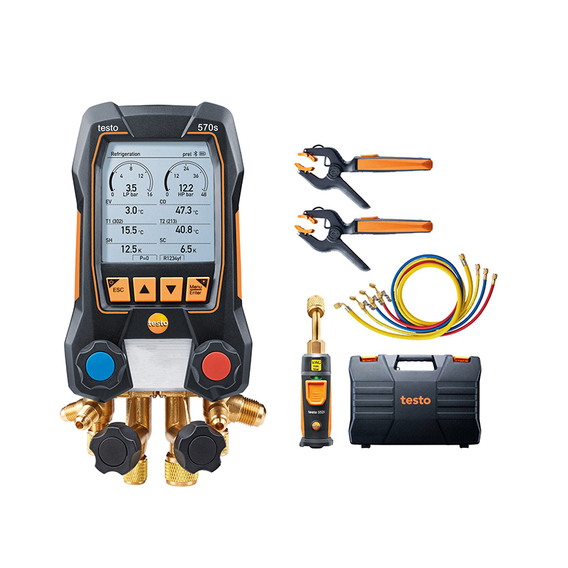 Testo 570s Digital Manifold on the left. 2x Testo 115i Clamp Temperature Probes in the top right, beneath these are Testo's Hose Set, 552i Vacuum Probe, and Case. 