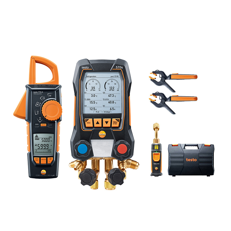 Testo 770-3 Clamp Meter is on the far left, next to it is Testo's 570s Digital Manifold on the left. 2x Testo 115i Clamp Temperature Probes in the top right, beneath these are Testo's 552i Vacuum Probe, and Case. 