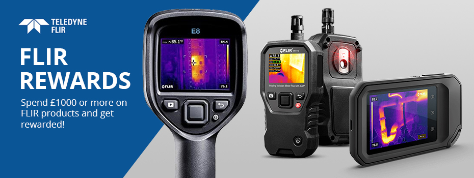 On the left of the image white text on a blue background reads "FLIR Rewards Spend £1000 or more on FLIR products and get rewarded!" The text is positioned beneath a white version of the Teledyne FLIR logo. In the centre of the image is a close up to the FLIR E8. Top the right of this on a grey background are front and back images of a FLIR moisture meter and to the right of these images is an angled image of the FLIR C5. 