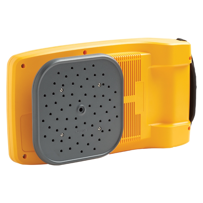 The Fluke ii910 Acoustic Industrial Imager. It is angled with the mini microphones facing the camera. 