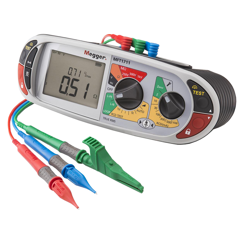 Megger MFT1711 Multifunction Tester with green, blue, and red probes. 