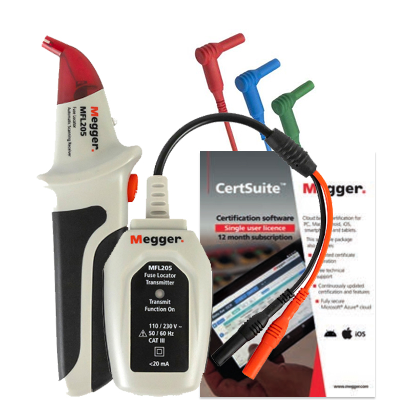 From left to right: Megger MFL205 Fuse Locator, Megger CertSuite Software. Red, blue, and green fused test leads poke above the CertSuite Software. 