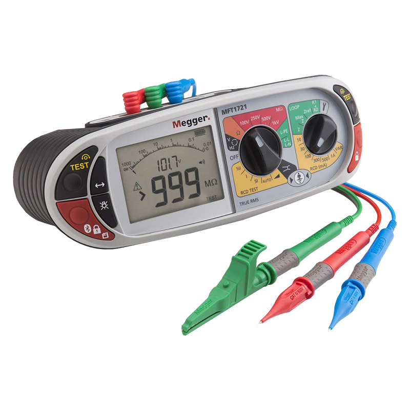 Megger MFT1721 Multifunction Tester with green, blue, and red probes. 