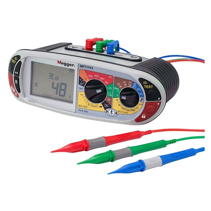 Megger MFT1741 Multifunction Tester with green, blue, and red probes. 