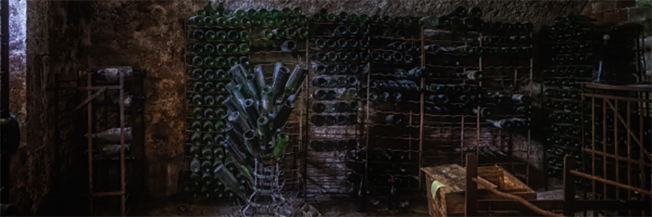 Dim stone cellar with dusty green wine bottles lining the walls. 