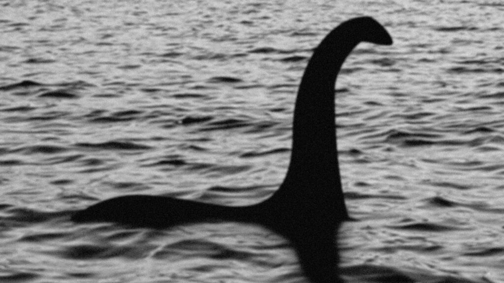 "Surgeon's Photograph" - a black and white image of the Loch Ness Monster's long neck and head popping out of the water. 