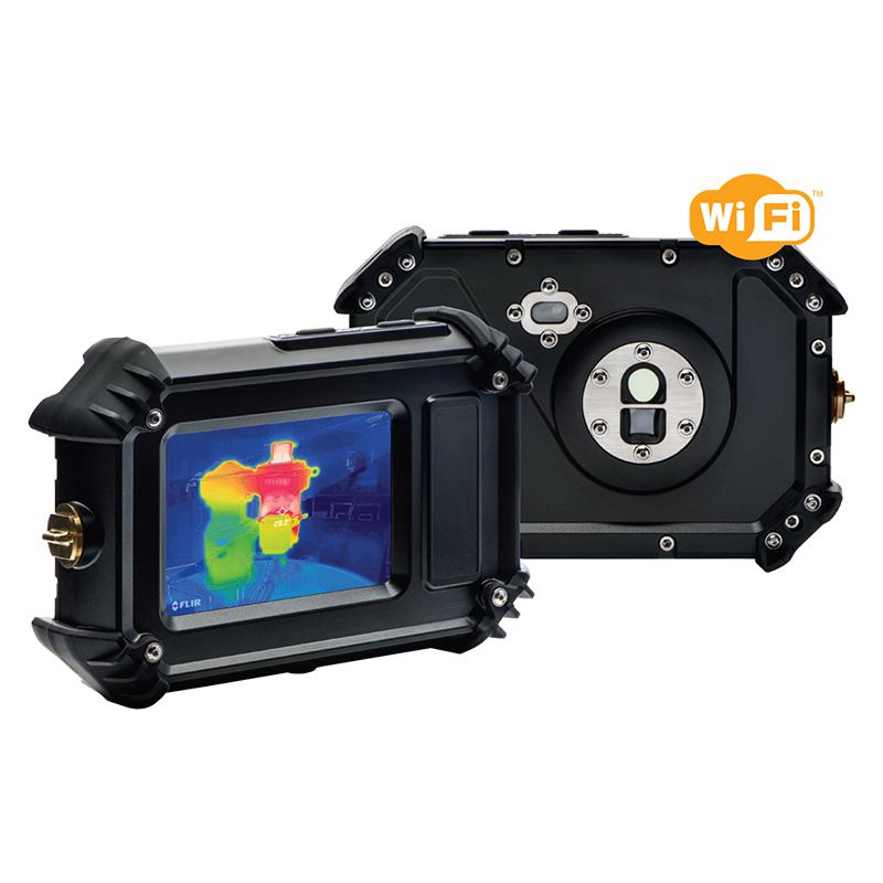 Two Teledyne FLIR Cx5 Thermal Cameras. The one in the foreground is angled with the display visible. The one in the background is face-on with the lens visible. Ove the top-right corner of the background camera is a white and orange cloud-shaped label that reads "Wi Fi". 