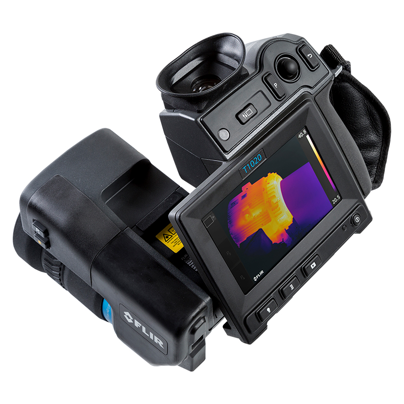 Teledyne FLIR T1020 Thermal Camera with a thermal image of an overheating motor on the display. 
