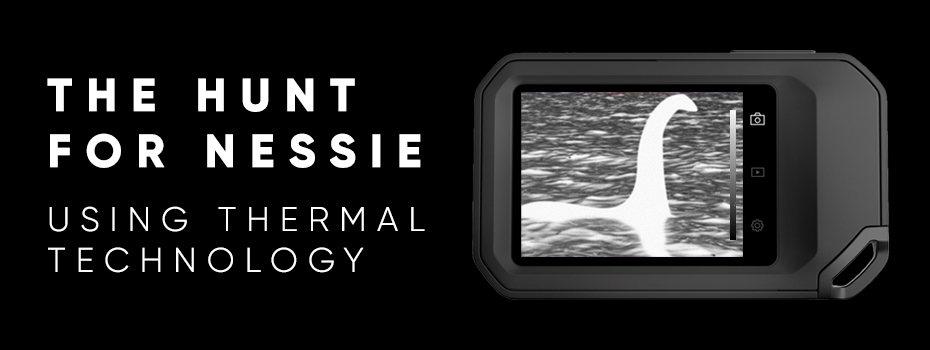 On the left large, white text on a black background reads "The Hunt for Nessie Using Thermal Technology". On the left,  the "Surgeon's Photograph" is indicated on the display of a Teledyne FLIR C5 Thermal Camera. 