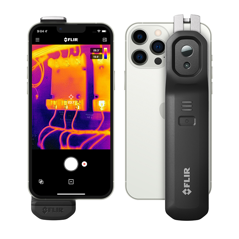 On the left is a smartphone with a thermal image on the screen, the FLIR One Edge Pro is hooked on the back. To the right of the smartphone is a Teledyne FLIR One Edge Pro Thermal Smartphone Module hooked on the back of a silver iphone. 