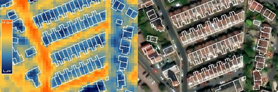 On the left is a thermal satellite image of an suburban area in Leeds. On the right is a digital satellite image of the same area.  