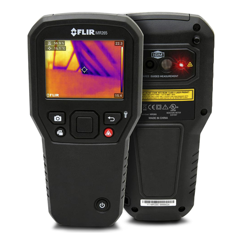 Two Teledyne FLIR MR265 Thermal Imaging Moisture Meters. The one in the foreground offers a view of the display on which is a thermal image. The one in the background offers a view of the back of the meter, a red laser shines next to two small camera lenses. 