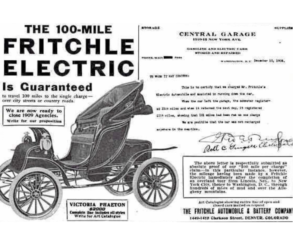 The black and white marketing poster for the Victoria Phaeton. On the left is an image of the open-carriage electric vehicle. Above it large, black text reads "The 100-Mile Fritchle Electric Is Guaranteed". To the left, text points out the advantages of the Victoria Phaeton. 