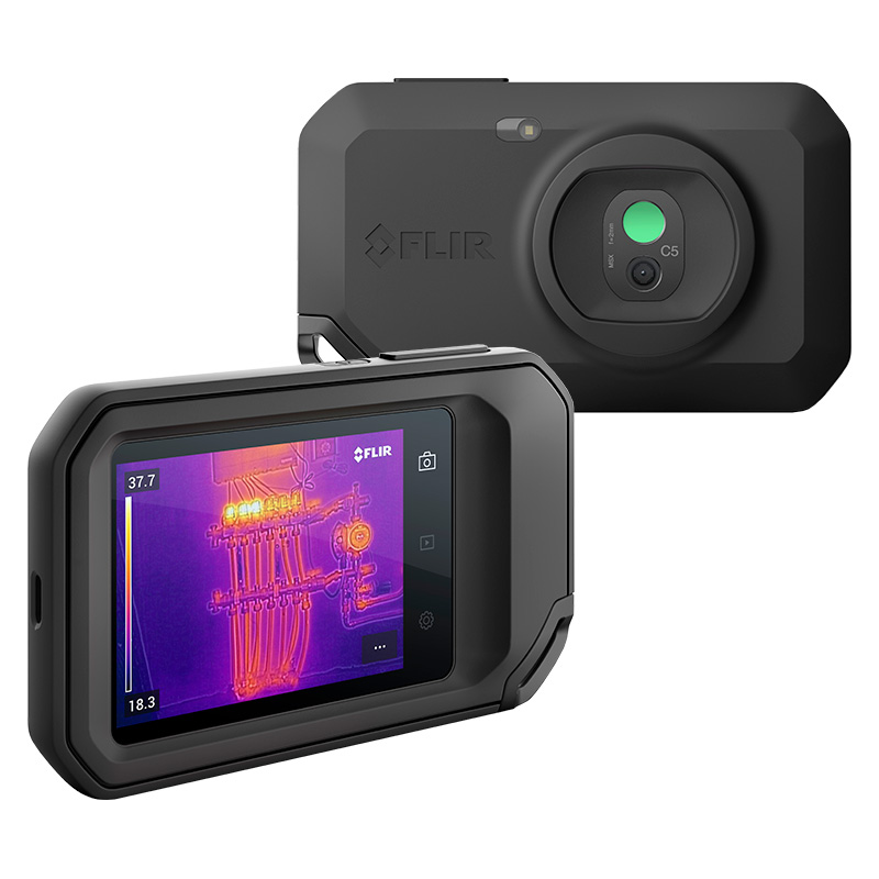 In the foreground is an angled Teledyne FLIR C5 Thermal Camera with a thermal image on the touchscreen display. Behind it is a face-on view of the back of the Teledyne FLIR C5 Thermal Camera with the lens facing the viewer. 