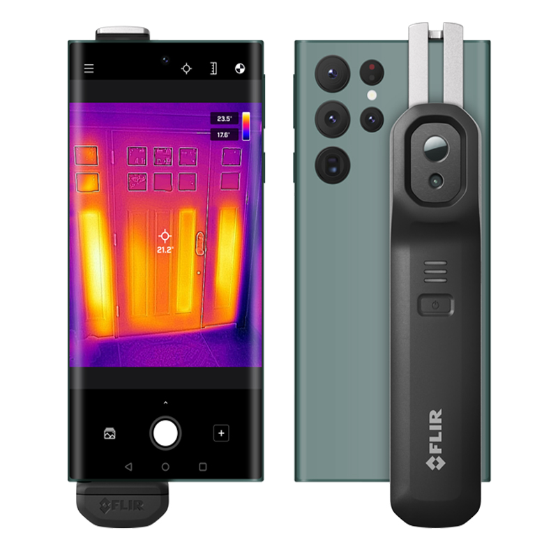 On the left is an Android smartphone with a thermal image on the screen. The Teledyne FLIR One Edge is attached to the back. To the right of the smartphone is a Teledyne FLIR One Edge Thermal Smartphone Module on the back of an Android smartphone. 