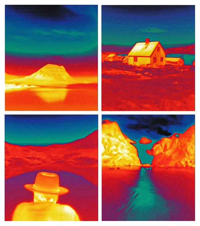 Thermal images of landscapes. Top left: Kirkjufell Mountain. Top Right: Scandinavian-style house next to a lake. Bottom Left: man in a hat looking at a rocky landscape. Bottom right: melting glacier in Prince Christian Sound.