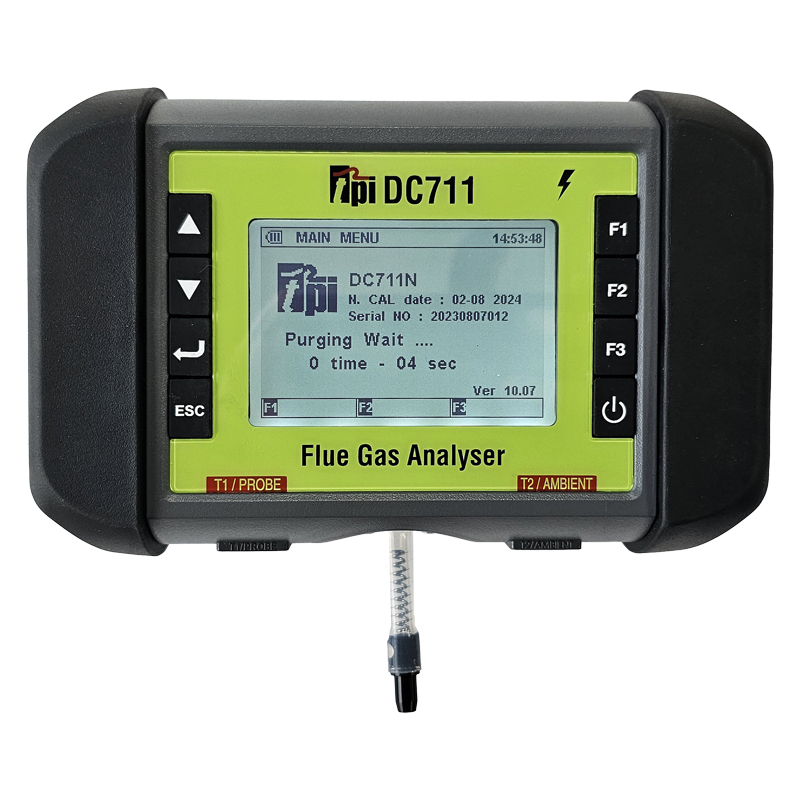 The front of the TPI DC711 Flue Gas Analyser. Data is indicated on the display and a probe is extending out of the bottom of the unit. 