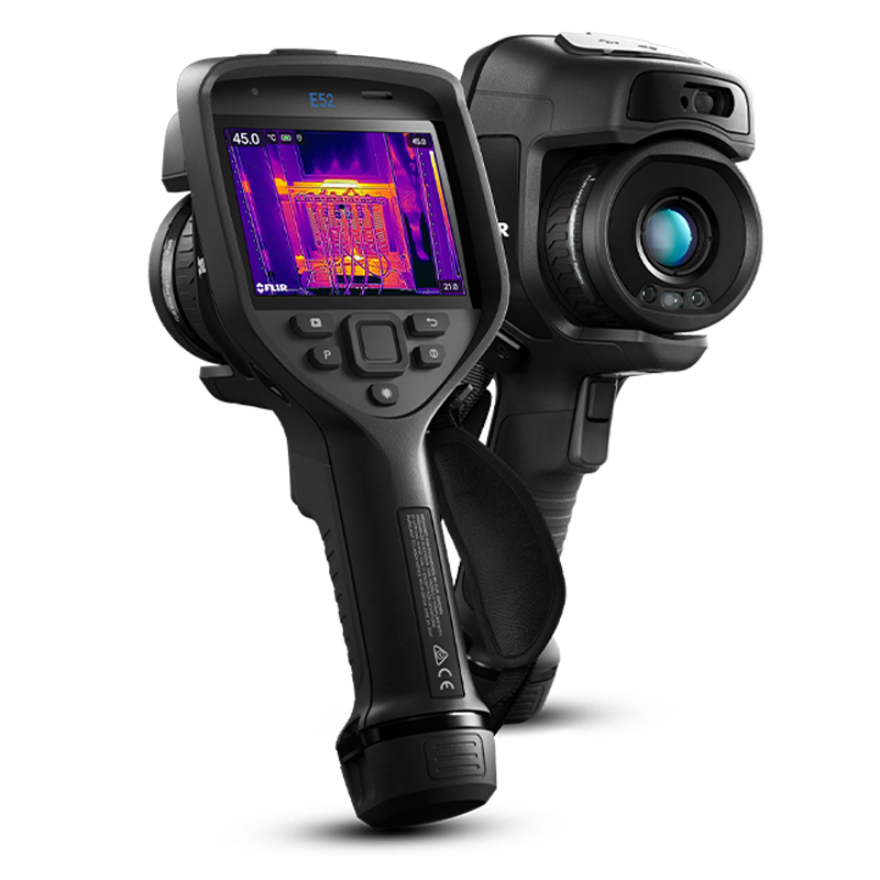 Two Teledyne FLIR E52 Thermal Cameras. One faces forwards and one faces backwards. A thermal image is visible on the display. 