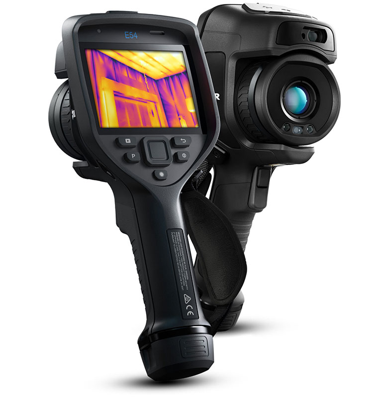 Two Teledyne FLIR E54 Thermal Cameras. One faces forwards and one faces backwards. A thermal image is visible on the display. 