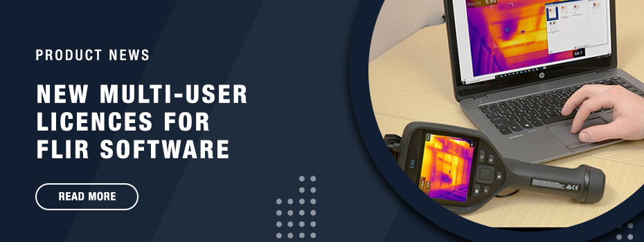 On the right is a circular image of a Teledyne FLIR Exx Thermal Camera and a laptop on a wooden desk. The Teledyne FLIR Thermal Studio is open on the laptop. On the left, white text on a blue background reads "Product News. New Multi-User Licences For FLIR Software. Read More."