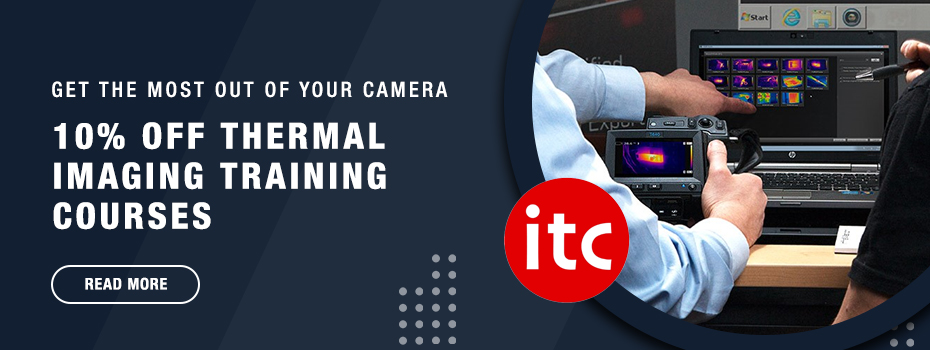 On the right a man in a blue shirt is holding a FLIR T-series thermal camera and pointing to a laptop with thermal images on the screen. Next to him is a man in a black polo top holding a pen. Overlaid onto this image in the bottom left corner is an ITC logo. On the left of the banner, large white text on a blue background reads "Get the most out of your camera 10% Off Thermal Imaging Training Courses Read More"