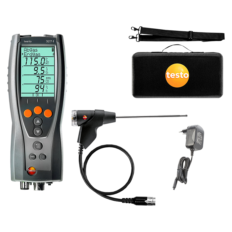 Testo 327 Flue Gas Analyser - Standard Kit. From left to right: 327 FGA, flue gas probe, case and strap (top), charger (bottom).