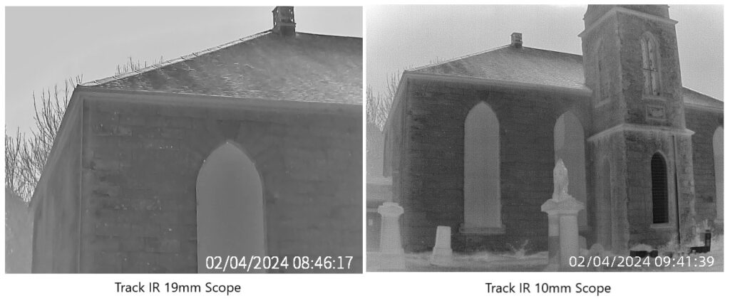 Two thermal images using a black hot palette of a church. The image on the left, captured using a 19mm lens, only includes one side of the church. The image on the right, captured using a 10mm lens, includes the entire front of the church, most of the tower and some of the graveyard in front of it. 