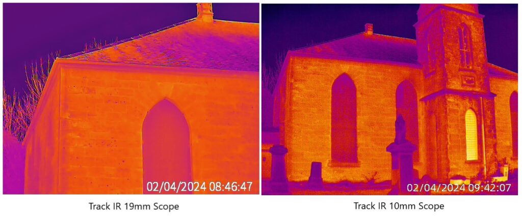 Two thermal images using a iron palette of a church. The image on the left, captured using a 19mm lens, only includes one side of the church. The image on the right, captured using a 10mm lens, includes the entire front of the church, most of the tower and some of the graveyard in front of the church. 