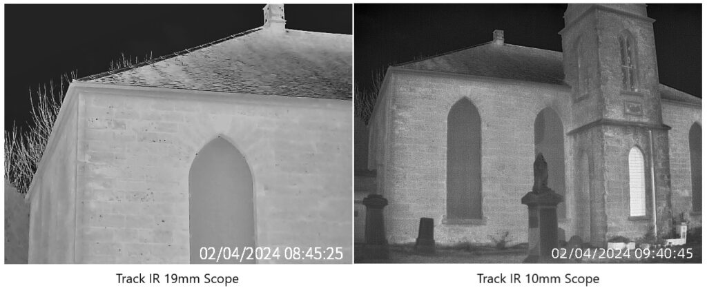 Two thermal images using a white hot palette of a church. The image on the left, captured using a 19mm lens, only includes one side of the church. The image on the right, captured using a 10mm lens, includes the entire front of the church, most of the tower and some of the graveyard in front of the church.