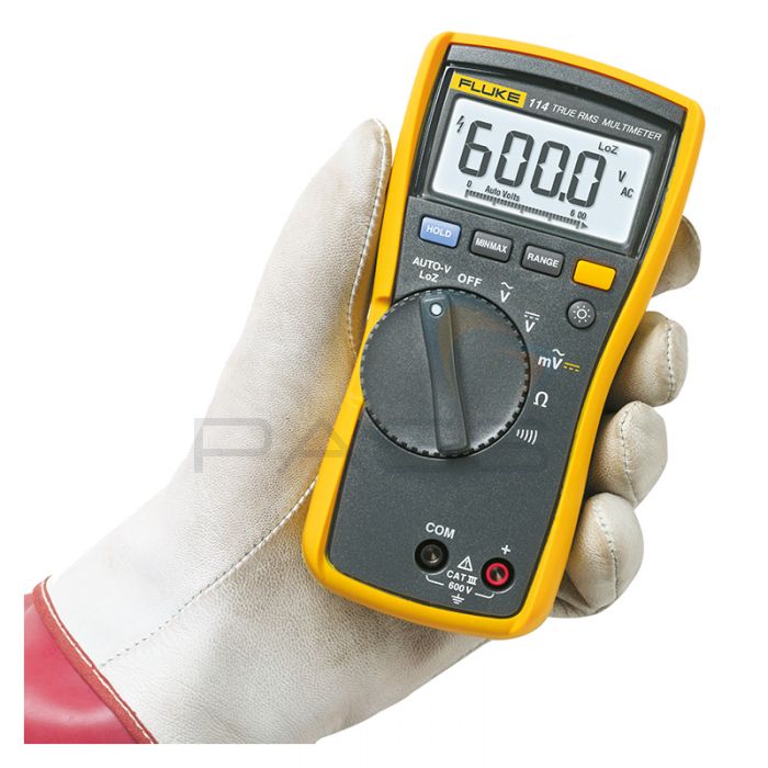 Fluke 114 Electrician's Digital Multimeter in gloved hand
