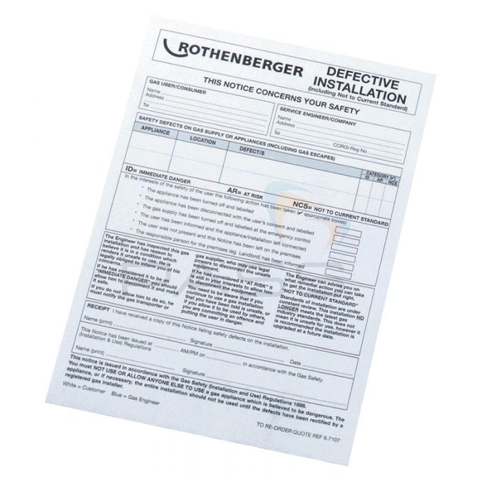 Rothenberger 67107 Defective Installation Warning Report Pad 1