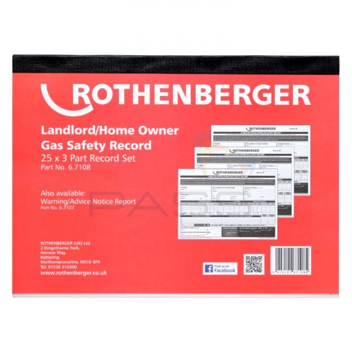 Rothenberger 67108 Gas Safety Certificate Record Pad 1