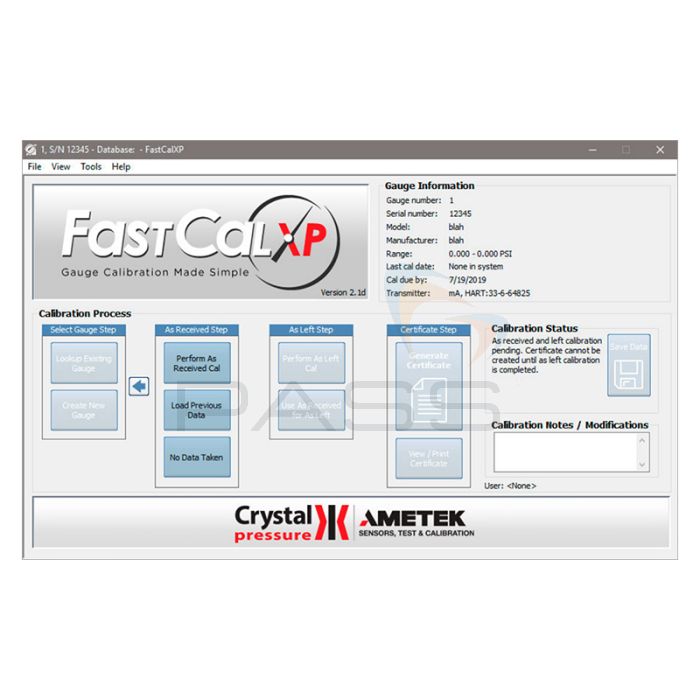 Ametek FastCalXP Calibration Software main window