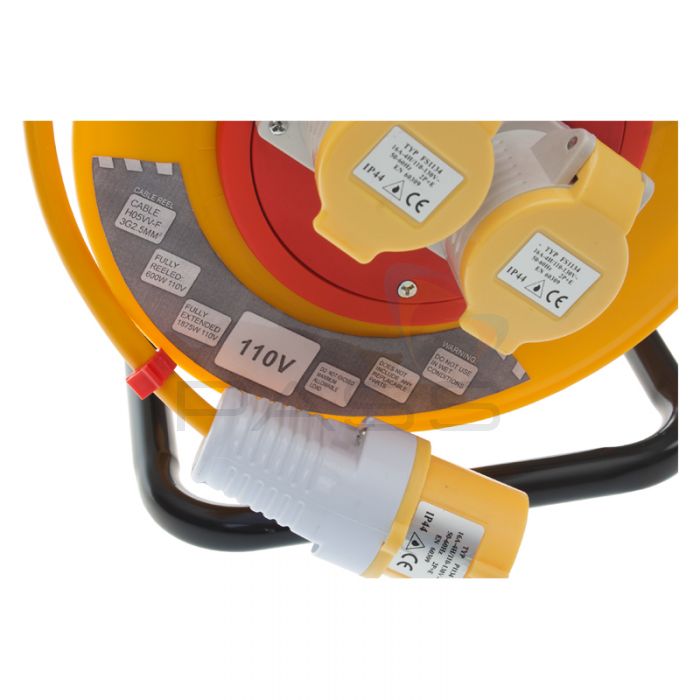 110V Extension Cable Reel - 25m Length, 2 x 16A Sockets, 2.5mm Diameter - Connector